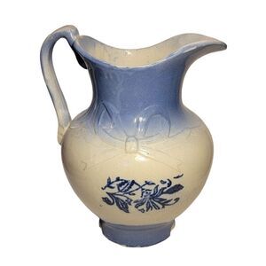 Vintage Salt Glaze Blue and White Stoneware Pitcher with Ribbon and Bow